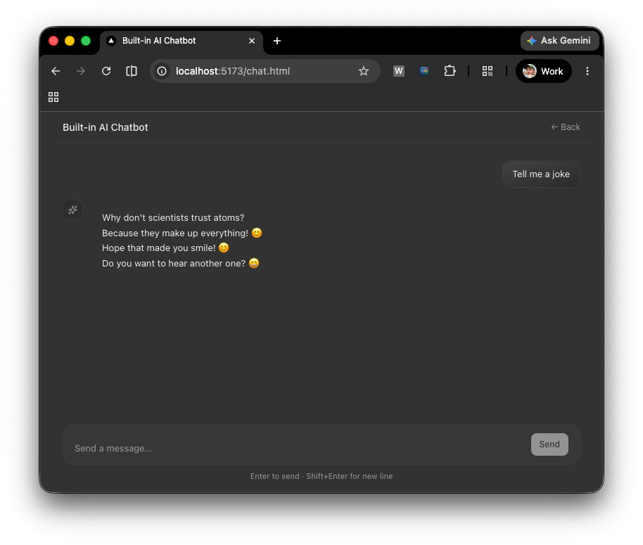 Een chatinterface die een gesprek met een AI-assistent weergeeft, met een tekstinvoerveld en een gebied voor het weergeven van een reactie.