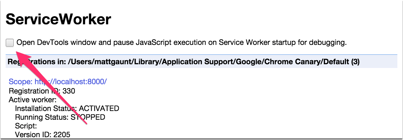 serviceworker-internals में, 'कार्रवाई रोकें' चेकबॉक्स की जगह दिखाने वाला स्क्रीनशॉट.
