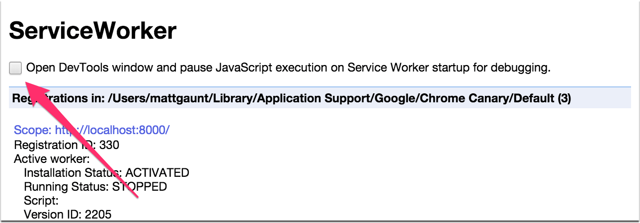 Capture d&#39;écran montrant où se trouve la case à cocher &quot;Mettre en pause l&#39;exécution&quot; sur serviceworker-internals.