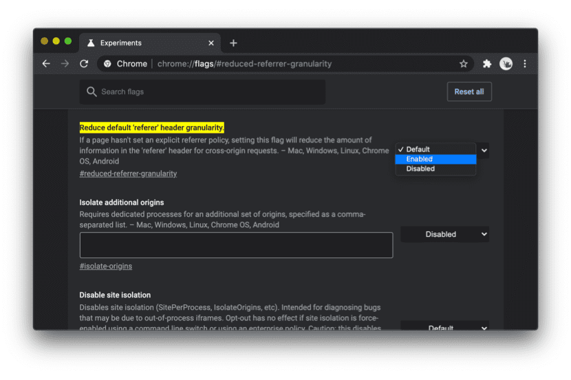 Captura de pantalla de Chrome: Cómo habilitar la función experimental chrome://flags/#reduced-referrer-granularity.