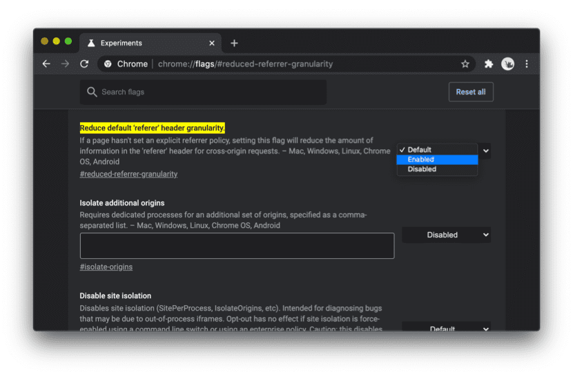 Chrome ekran görüntüsü: chrome://flags/#reduced-referrer-granularity işaretini etkinleştirme.