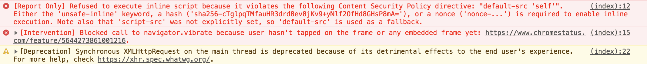 DevTools console warnings for deprecations and interventions.