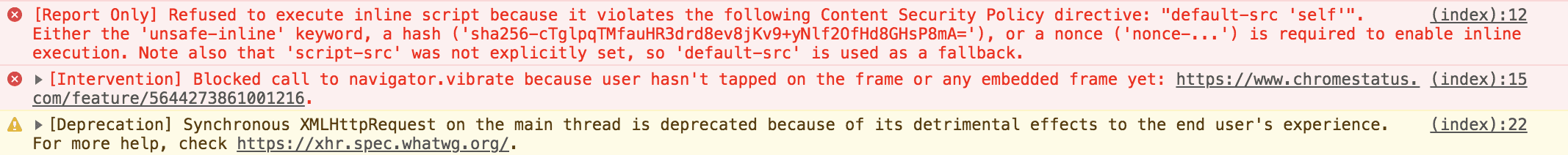 開發人員工具控制台警告，說明已淘汰的功能和介入措施。