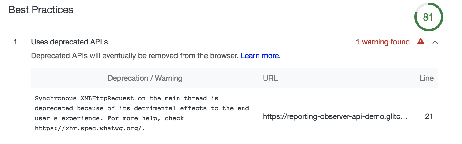 Il controllo di Lighthouse per l&#39;utilizzo di API deprecate potrebbe utilizzare ReportingObserver.