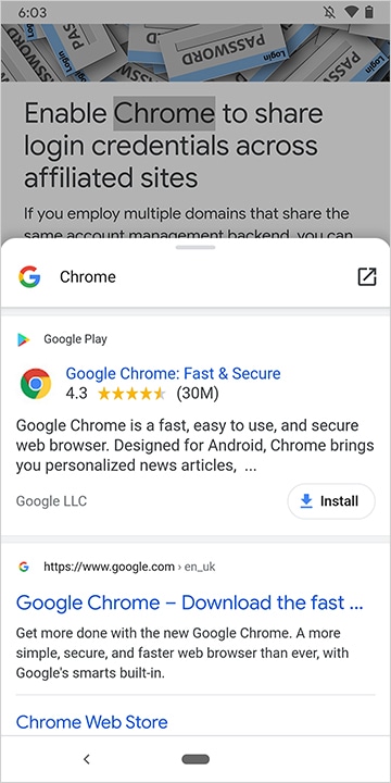 Chrome 中的底部动作条界面示例。