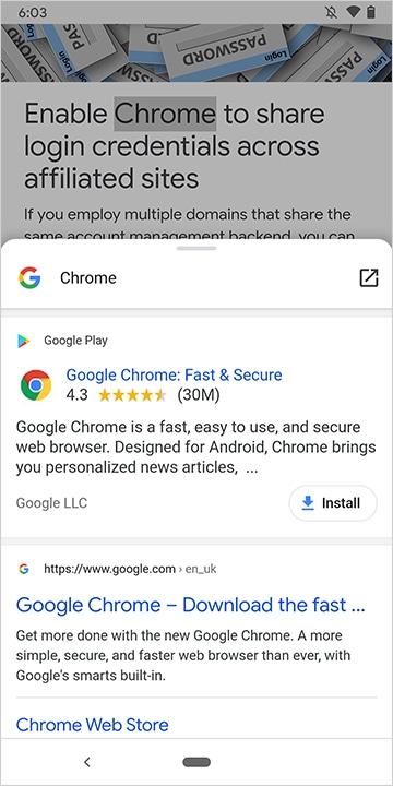 Chrome'daki alt sayfa kullanıcı arayüzü örneği.