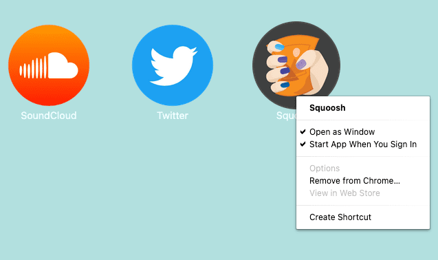 Application Squoosh avec le menu contextuel ouvert et l&#39;option permettant de lancer l&#39;application lorsque vous vous connectez
