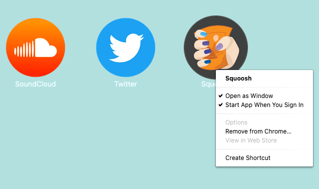 Aplikacja Squoosh z otwartym menu
prawym przyciskiem myszy i opcją uruchomienia aplikacji po zalogowaniu