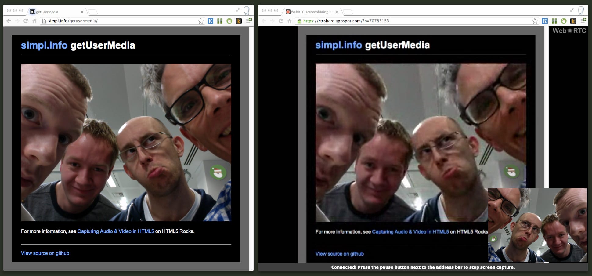 Screenshot dell'estensione di condivisione schermo WebRTC, con Jake Archibald, Peter Beverloo, Paul Lewis e Sam Dutton