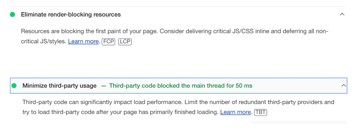 Lighthouse audits for Eliminate render-blocking resources and Minimize third-party usage