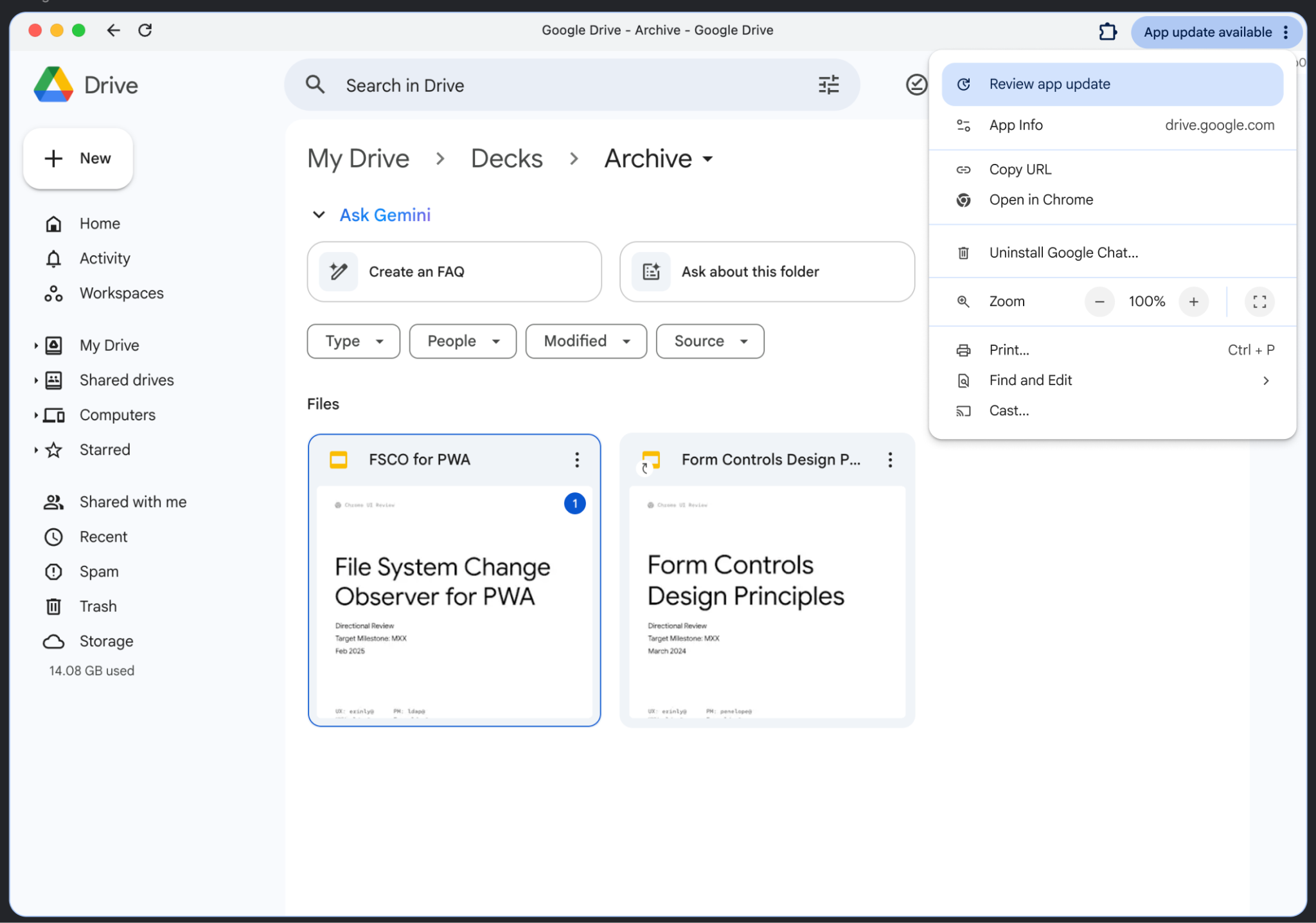 The app window shows that an App update is available. The dropdown includes a link to Review app update.