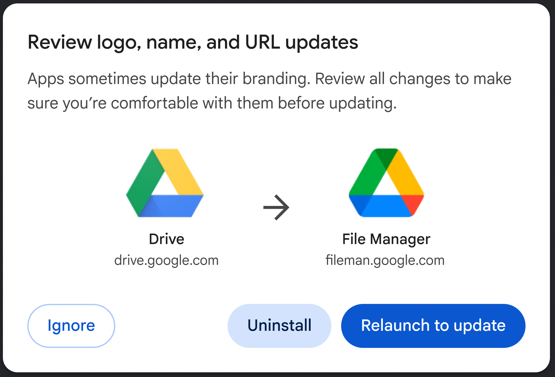يطلب مربع الحوار من المستخدم مراجعة التعديلات التي تم إجراؤها على الشعار والاسم وعنوان URL.