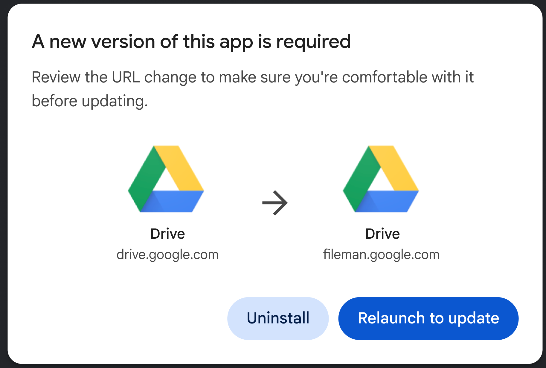 La finestra di dialogo comunica all'utente che è necessaria una nuova versione dell'app.