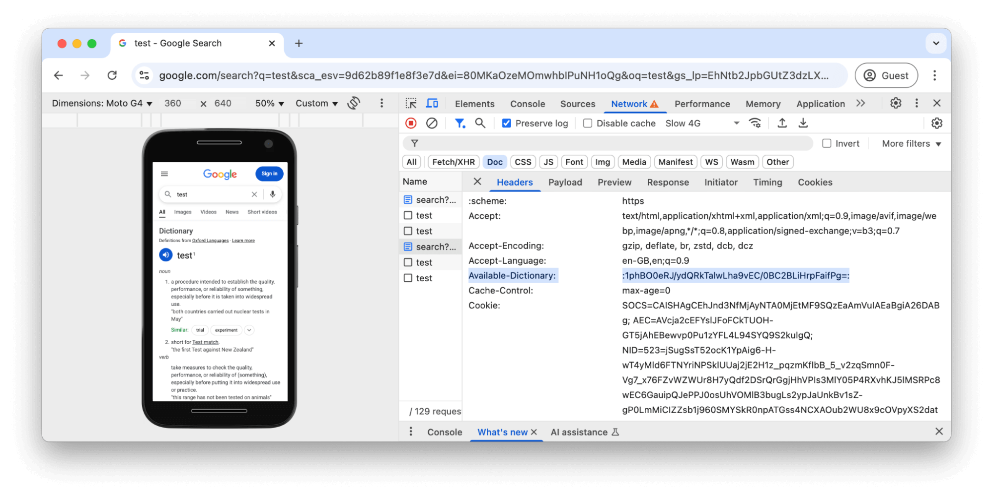 ส่วนหัว HTTP ของการตอบกลับในเครื่องมือสำหรับนักพัฒนาเว็บของ Chrome โดยไฮไลต์ส่วนหัว Available-Dictionary