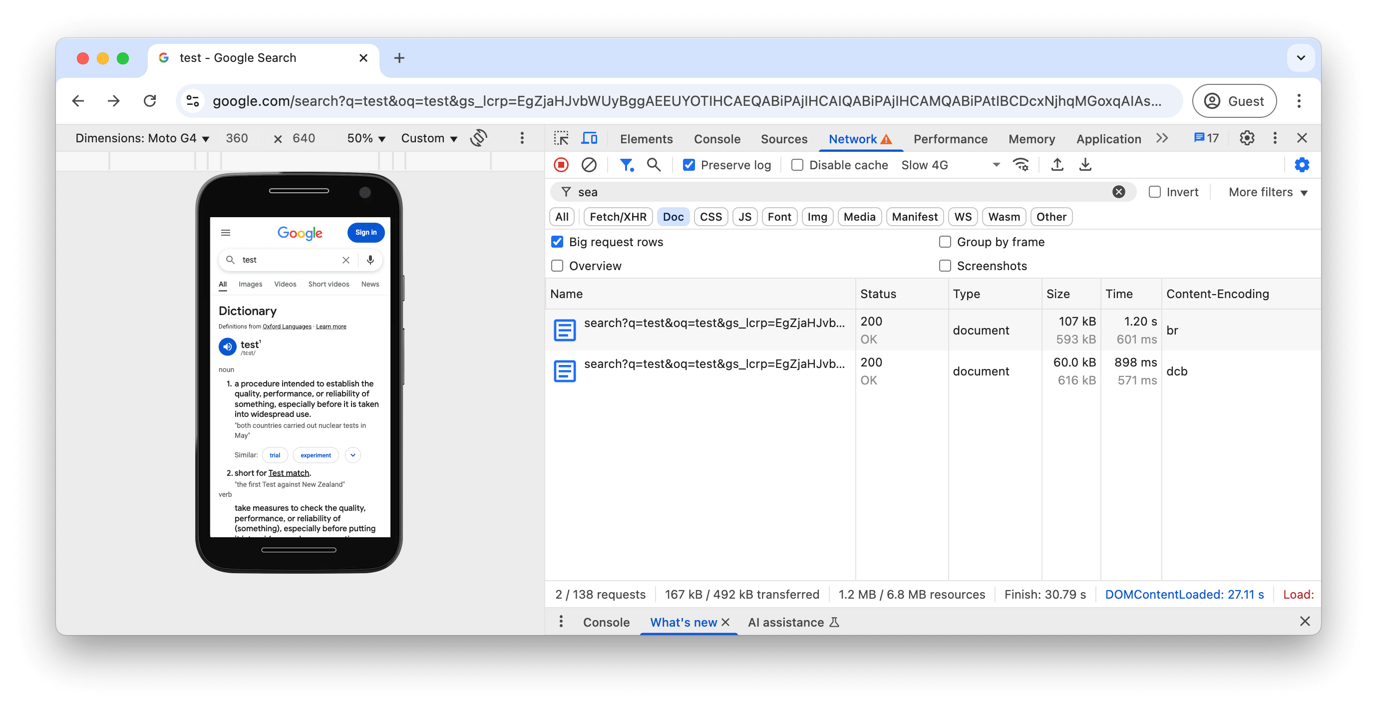 Vergleich von zwei Downloads derselben Ressource. Der obere Download hat eine Größe von 107 kB, der untere 60 kB.