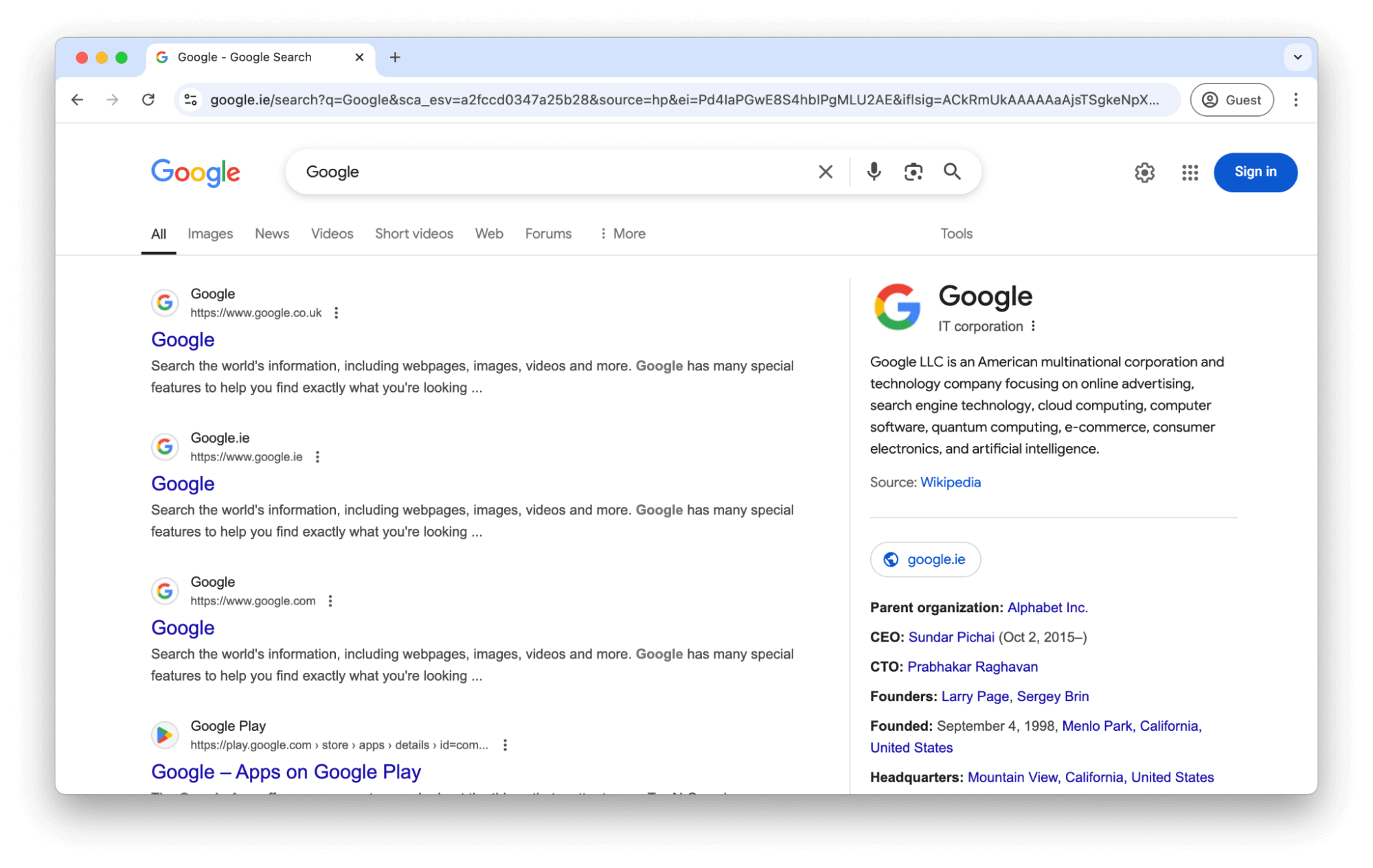 หน้าผลการค้นหาทั่วไปของ Google Search ที่มีแถบค้นหาที่ด้านบน ผลการค้นหาในคอลัมน์หลักด้านซ้าย และข้อมูลเพิ่มเติมทางด้านขวา