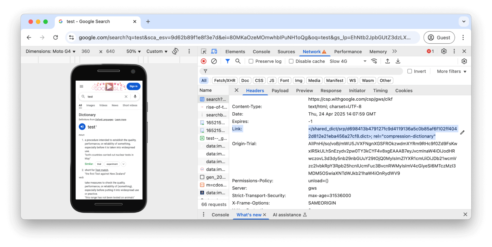 ส่วนหัว HTTP ของการตอบกลับในเครื่องมือสำหรับนักพัฒนาเว็บใน Chrome โดยไฮไลต์ส่วนหัว Link rel=compression-dictionary