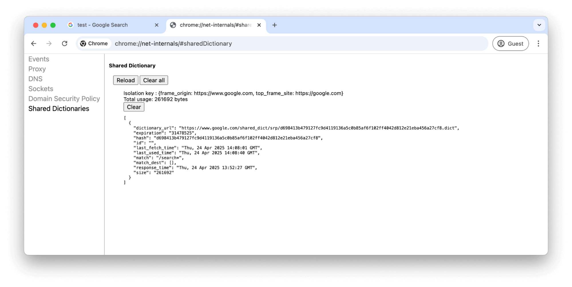 Shared Dictionary page showing one Shared Dictionary