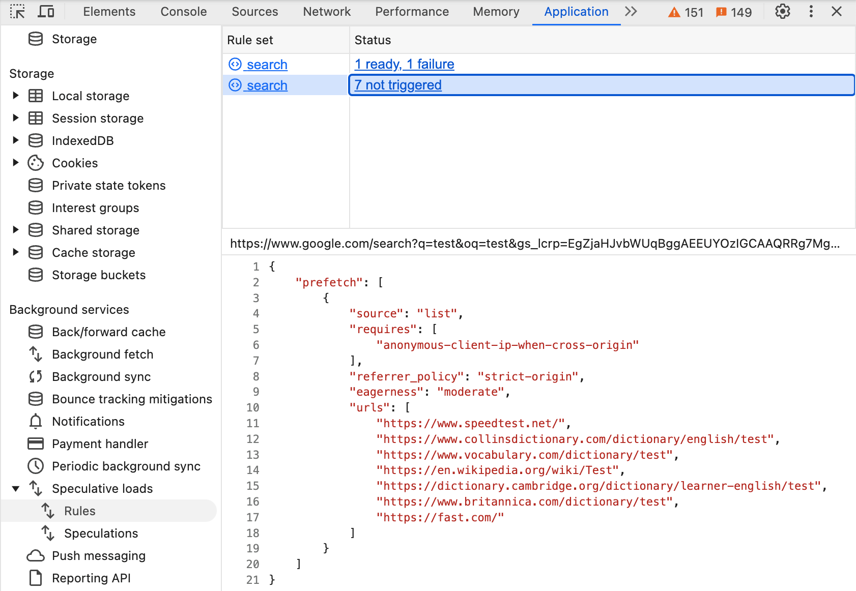 В панели правил DevTools отображается правило списка, использующее анонимный IP-адрес клиента при перекрестном расположении, политику рефереров строгого происхождения, умеренный уровень заинтересованности и семь URL-адресов.