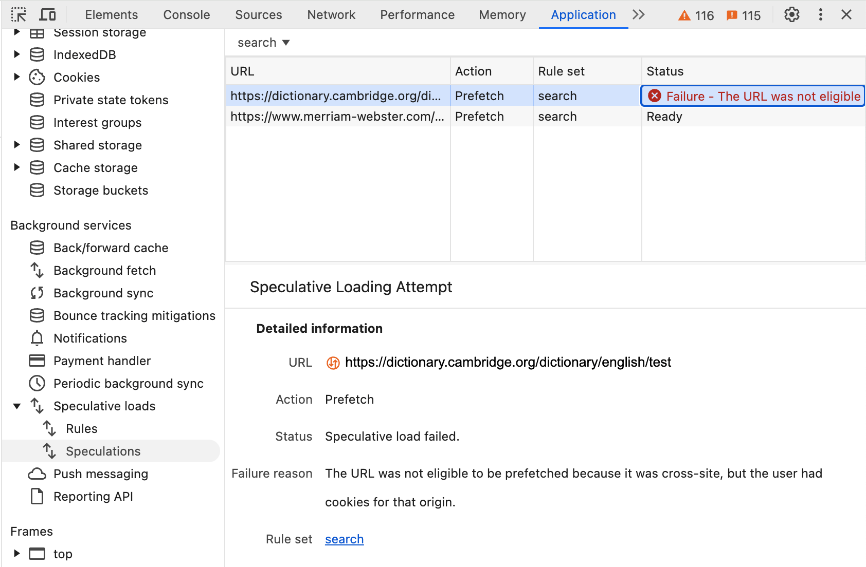 El panel Especulación de Herramientas para desarrolladores muestra dos URLs, pero una no se pudo cargar previamente con un error que indica que no era apta porque el usuario tenía cookies para ese origen.