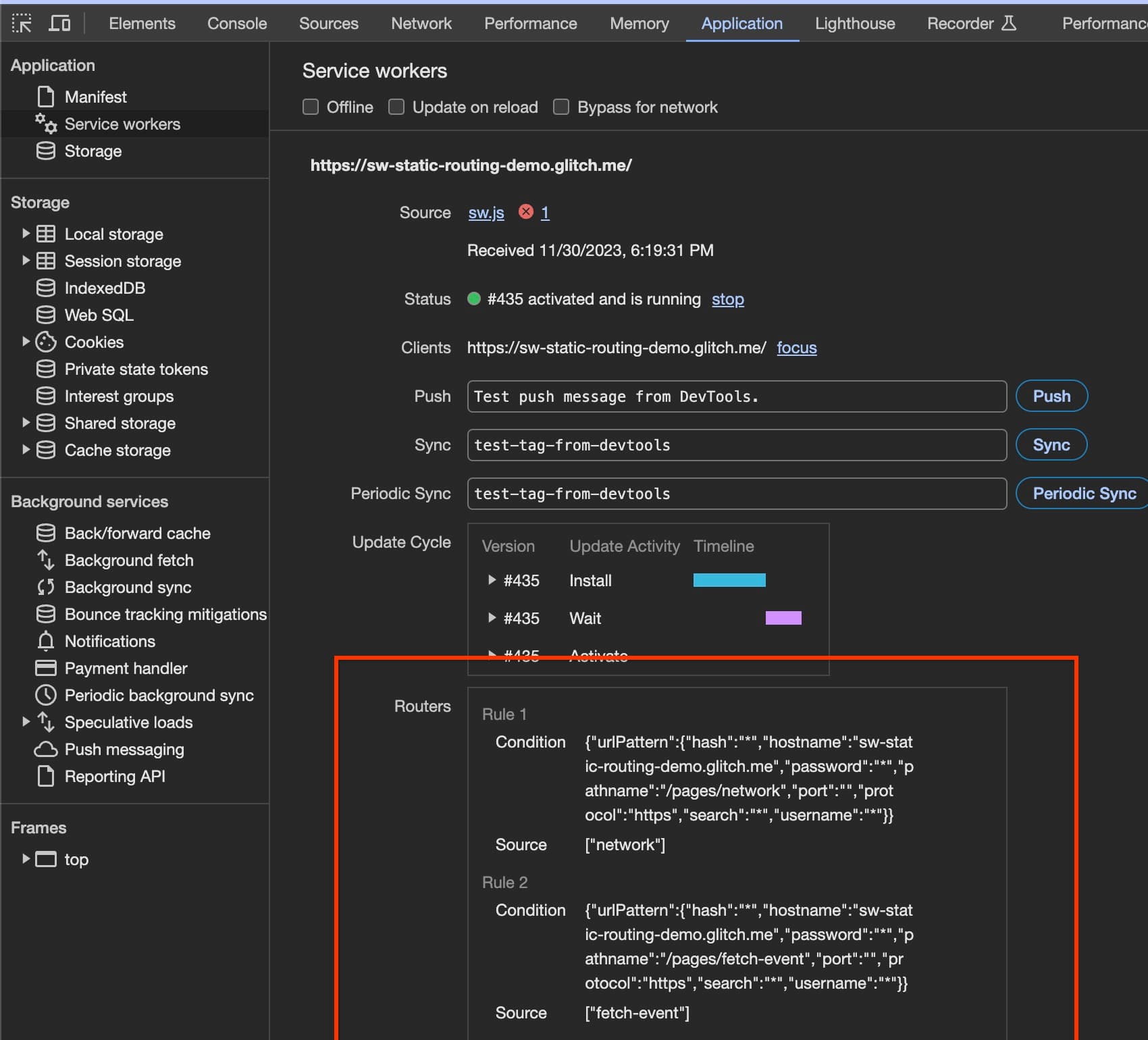 The router rules highlighted in the Application panel.