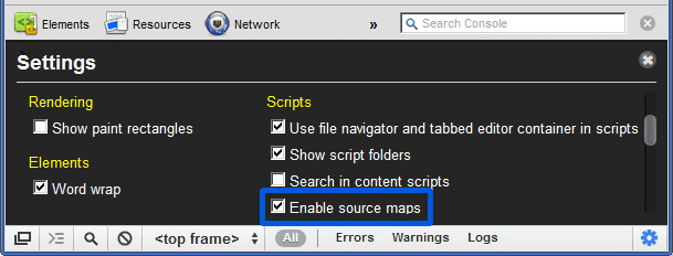 Come attivare le mappe di origine negli strumenti per sviluppatori di WebKit.