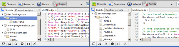 WebKit Devtools example of source maps on and source maps off.