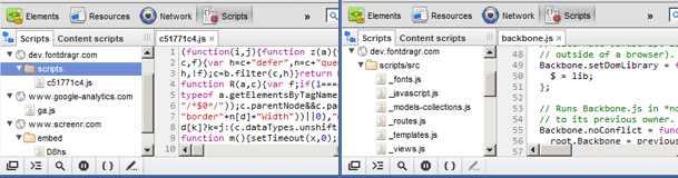 Contoh WebKit Devtools untuk source map aktif dan source map nonaktif.