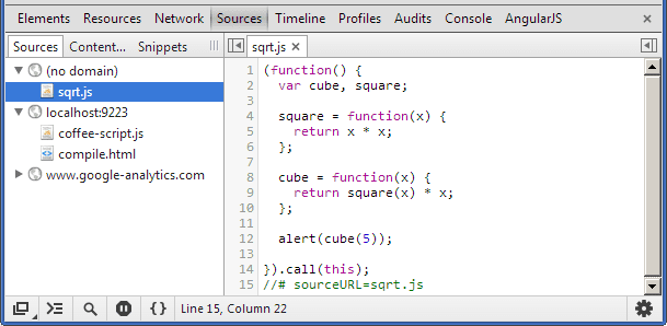 デベロッパー ツールでの sourceURL 特別なコメントの外観