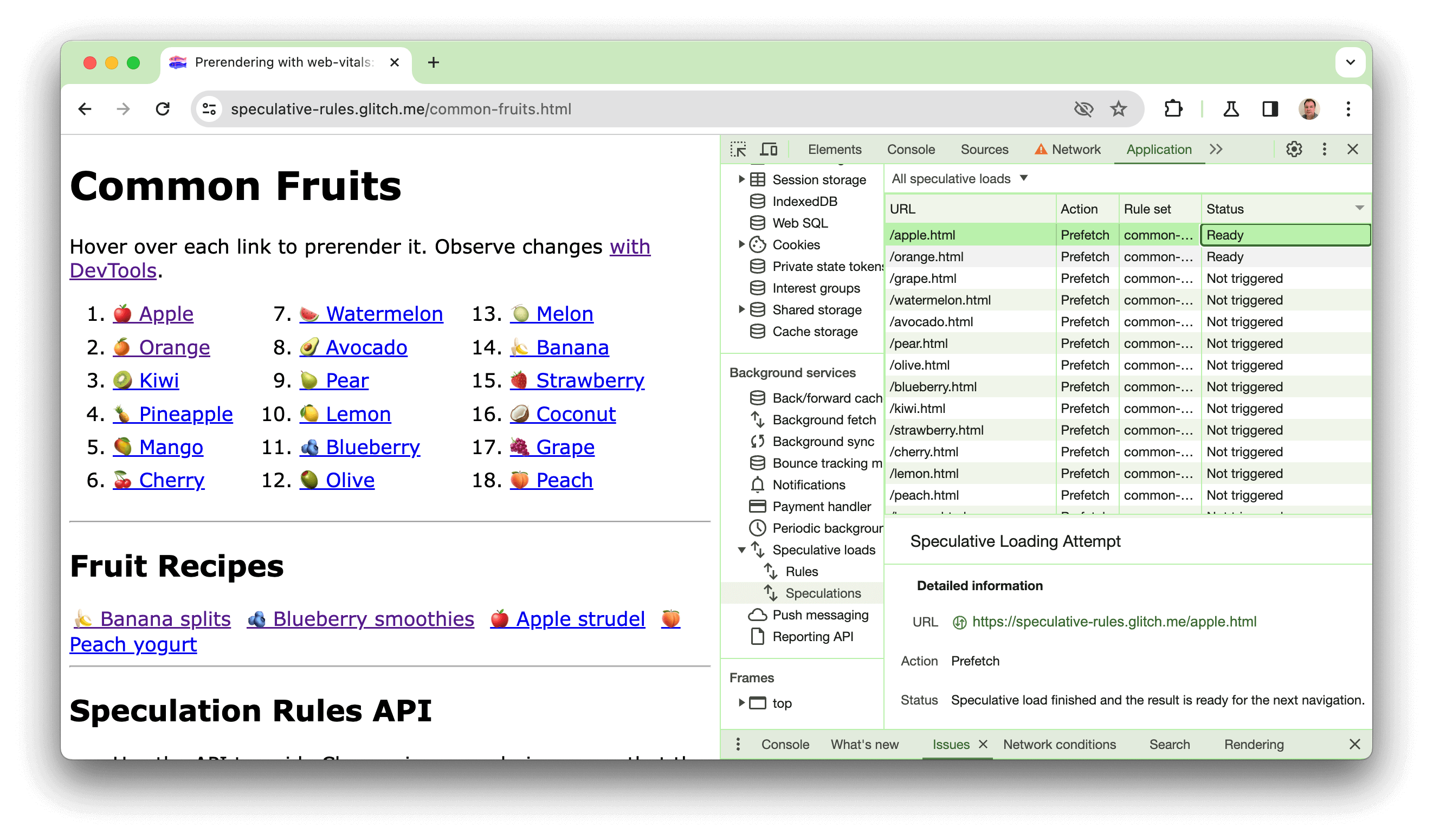 Screenshot of a demo site created in glitch listing a number of links labeled with fruits. DevTools is open and shows two of the links (apple.html and orange.html) are already successfully prerendered.