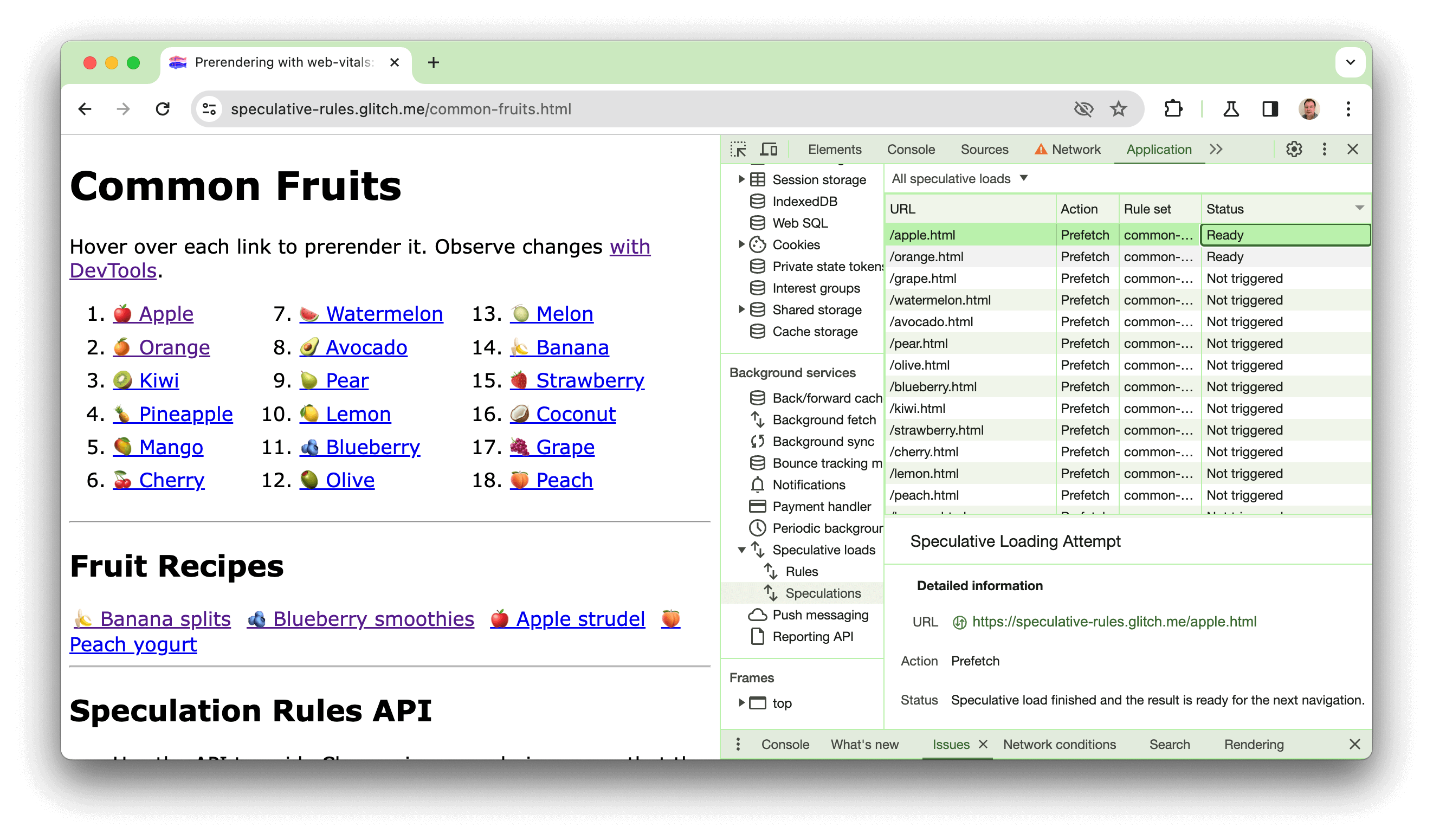 Captura de tela de um site de demonstração criado no Glitch com vários links rotulados com frutas. O DevTools está aberto e mostra que dois dos links (apple.html e orange.html) já foram pré-renderizados.