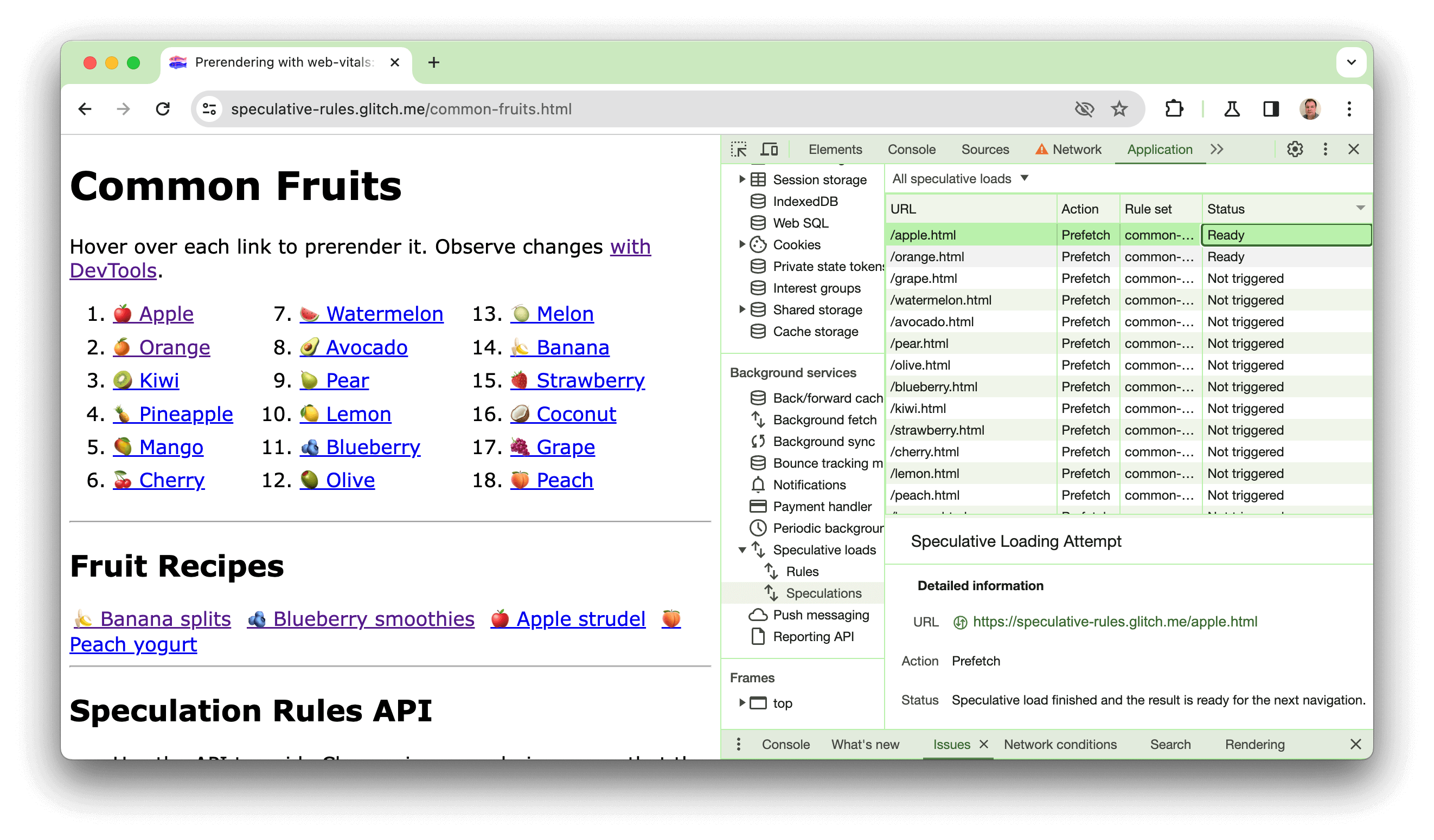 Capture d'écran d'un site de démonstration créé dans Glitch, listant un certain nombre de liens étiquetés avec des fruits. Les outils de développement sont ouverts et indiquent que deux des liens (apple.html et orange.html) ont déjà été prérendus avec succès.