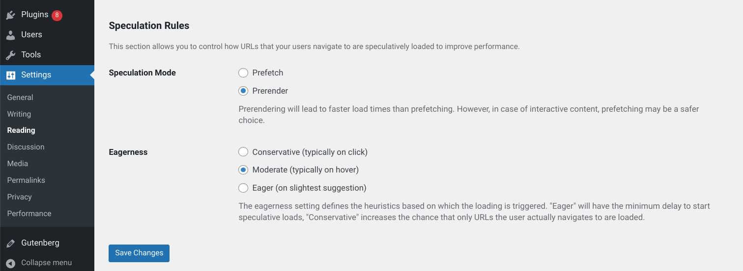 Screenshot di un riquadro Lettura delle impostazioni di WordPress con le impostazioni delle Regole di speculazione. Sono disponibili due opzioni: modalità di speculazione con opzione di precaricamento o prerendering e un&#39;impostazione di proattività con impostazioni conservative, moderate o proattive.