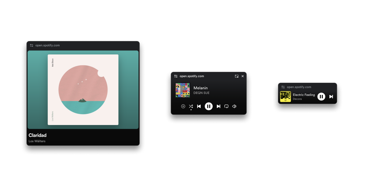 Captura de pantalla de las diferentes formas de la ventana del Reproductor en miniatura de Spotify.