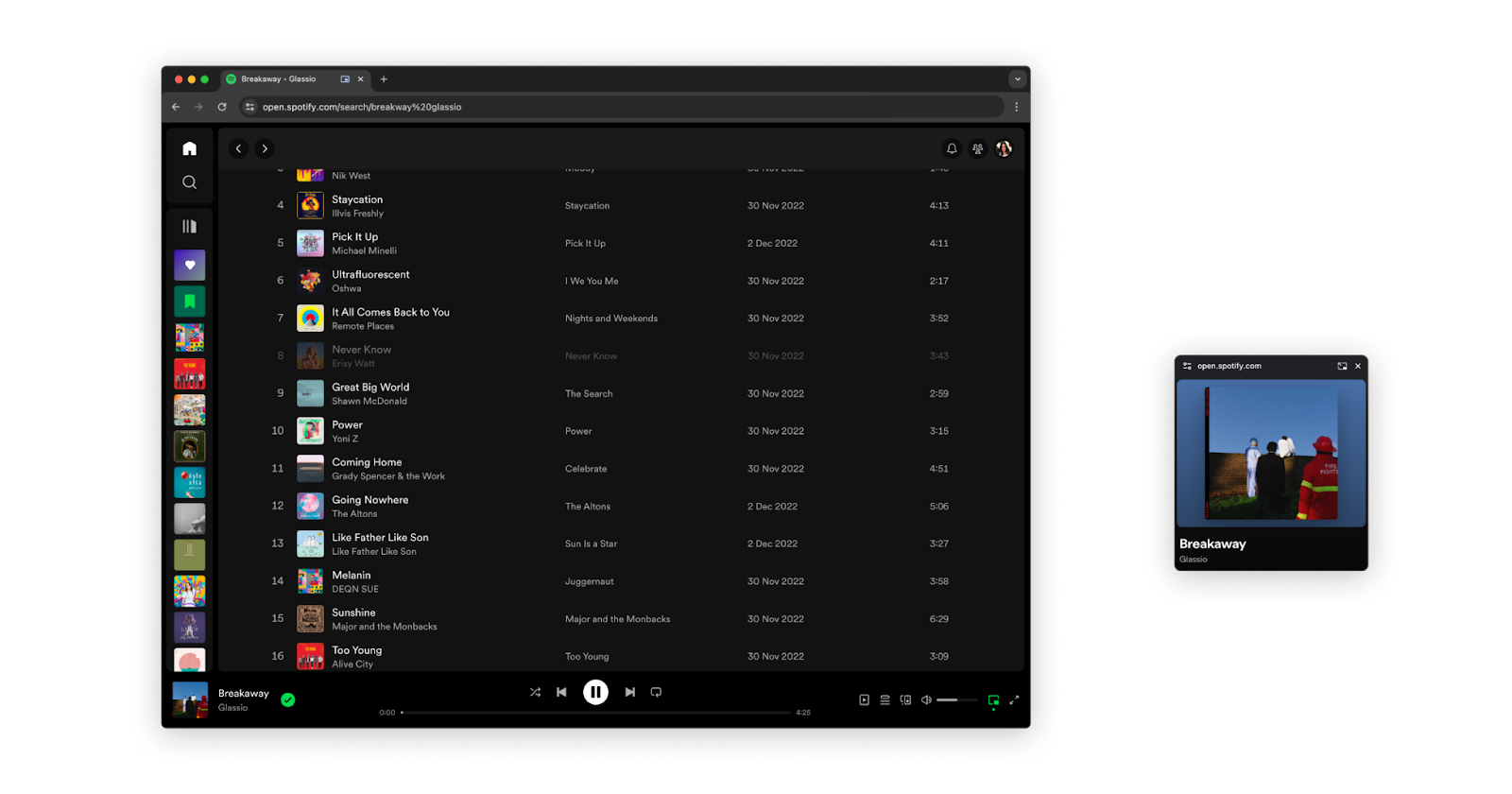 Capture d&#39;écran de la nouvelle fenêtre du lecteur réduit de Spotify.