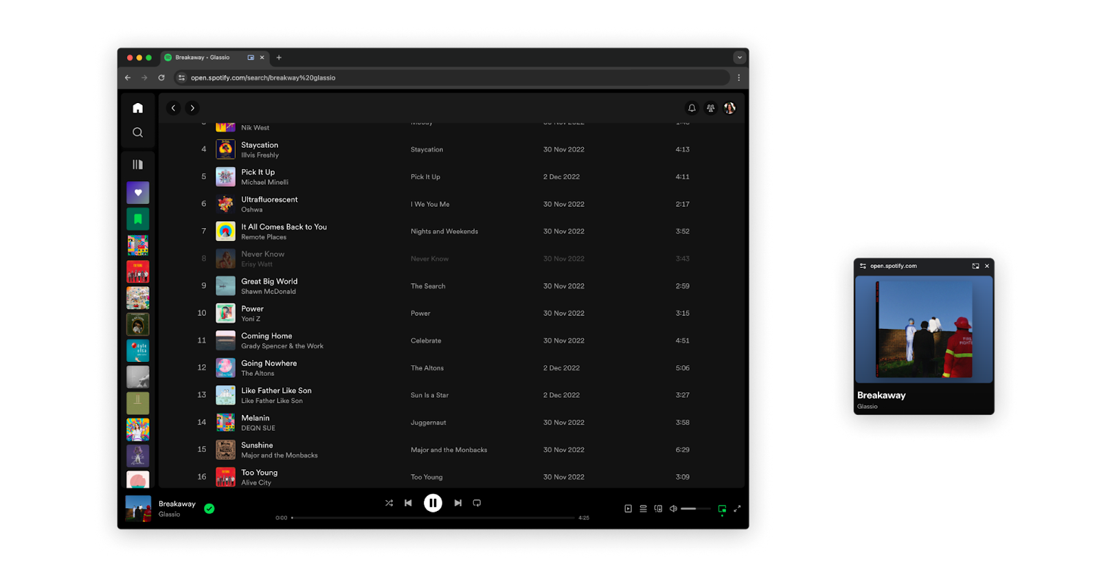 Screenshot della nuova finestra del mini player Spotify.