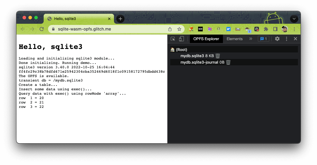 Расширение OPFS Explorer для Chrome, демонстрирующее структуру Origin Private File System демонстрационного приложения.