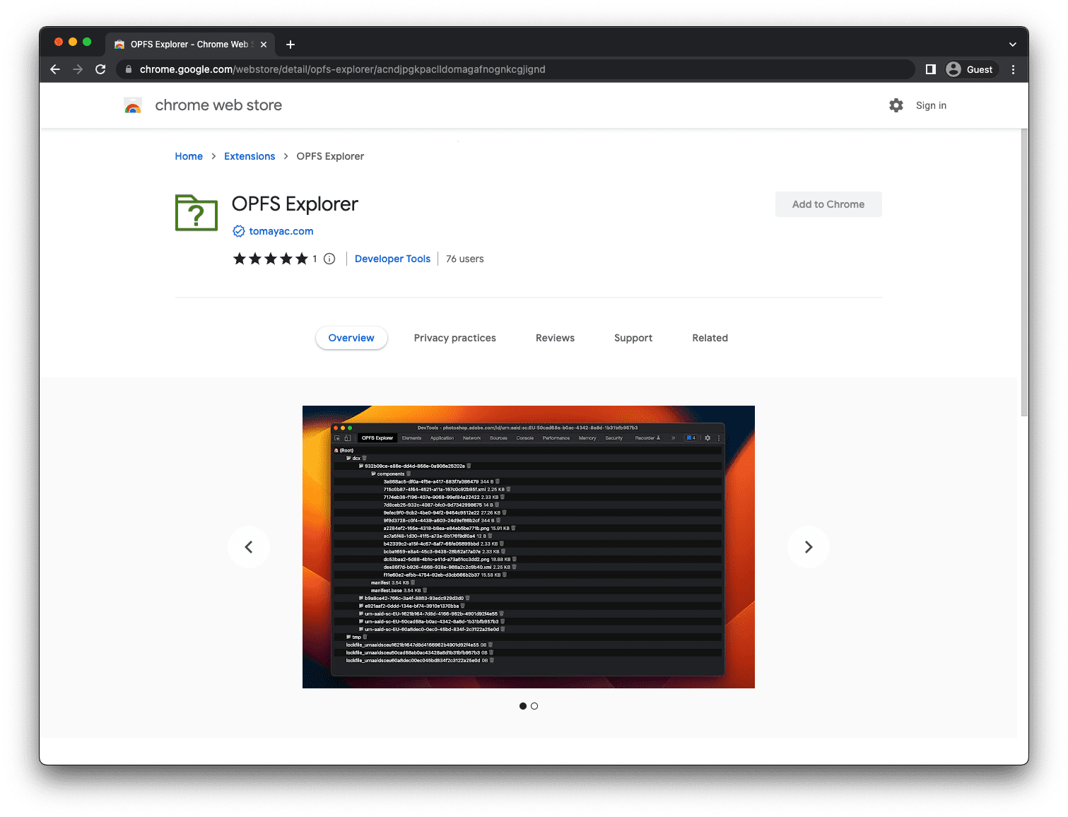 Explorateur OPFS dans le Chrome Web Store.