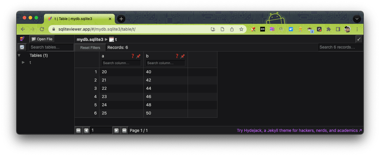 تطبيق SQLite Viewer يُستخدم لفتح ملف قاعدة بيانات من الإصدار التجريبي من SQLite Wasm.