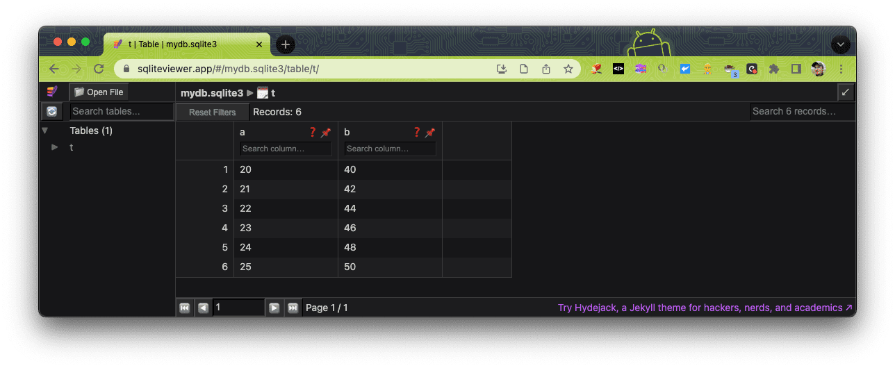 แอป SQLite Viewer ใช้เพื่อเปิดไฟล์ฐานข้อมูลจากเดโม SQLite Wasm