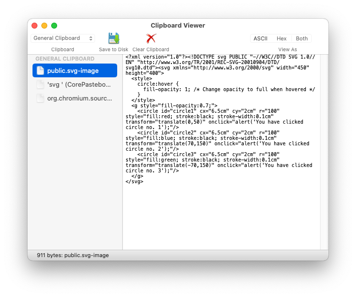 Приложение Clipboard Viewer на macOS, проверяющее содержимое буфера обмена. Это показывает, что атрибуты прослушивателя событий onclick в SVG все еще присутствуют.