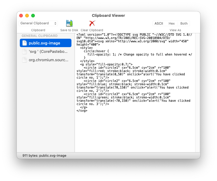 Aplikacja Clipboard Viewer na system macOS sprawdza zawartość schowka. Widać, że w pliku SVG nadal występują atrybuty detektora zdarzeń „onclick”.