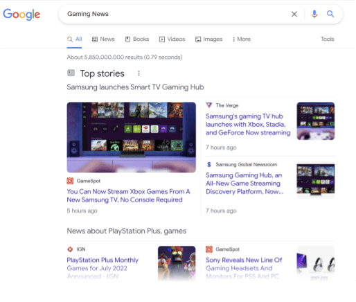 A screenshot of Google Search's Top Stories and News widget for the search term 'gaming news'.