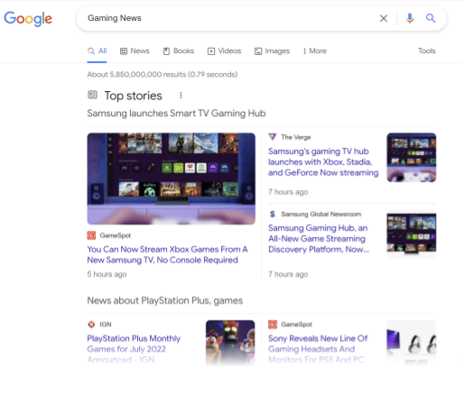 Capture d&#39;écran du widget &quot;À la une&quot; et &quot;Actualités&quot; de la recherche Google pour le terme de recherche &quot;Actualités gaming&quot;.