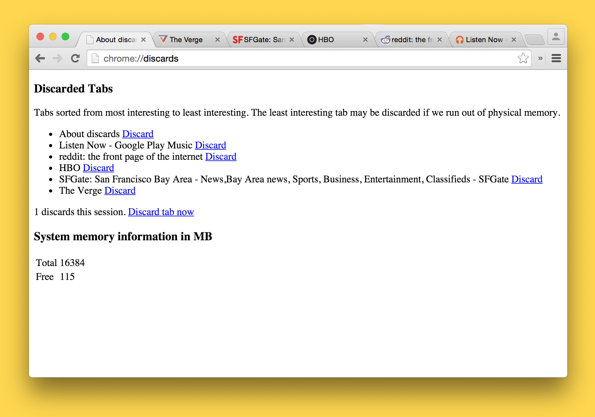 破棄されたタブページのスクリーンショット。