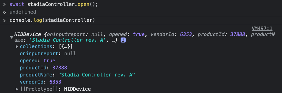 The Chrome DevTools Console showing the output of logging the HIDDevice object after opening it.