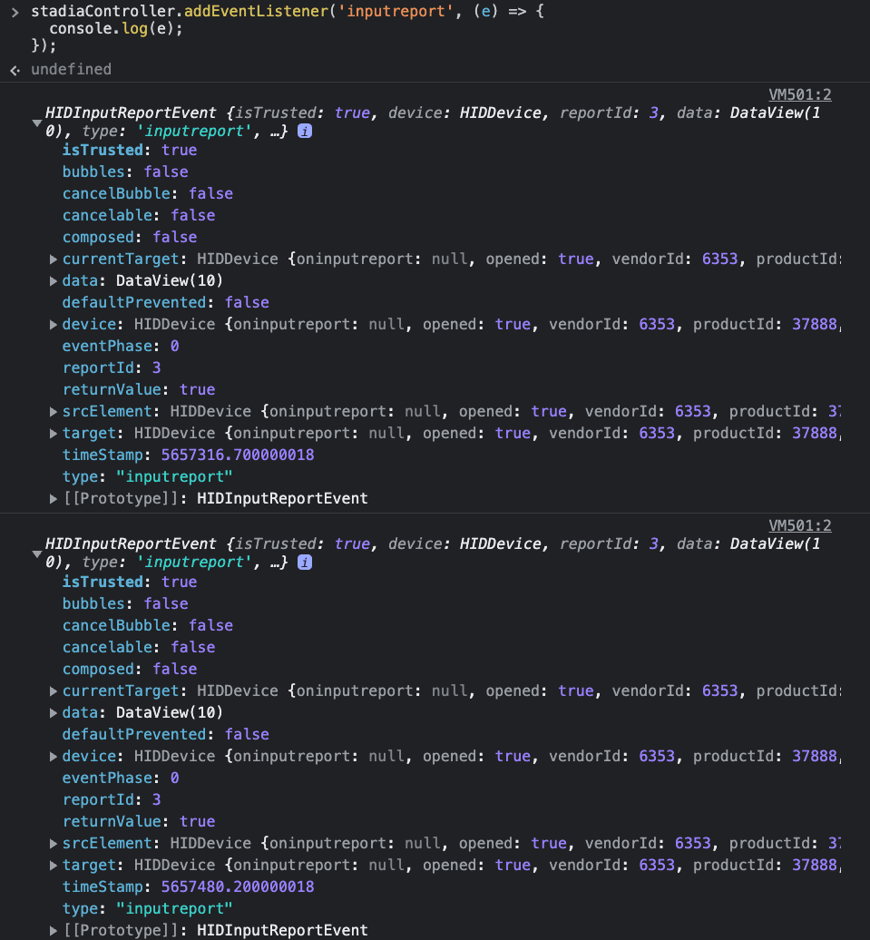 Console des outils pour les développeurs Chrome affichant les objets HIDInputReportEvent en cours de journalisation.