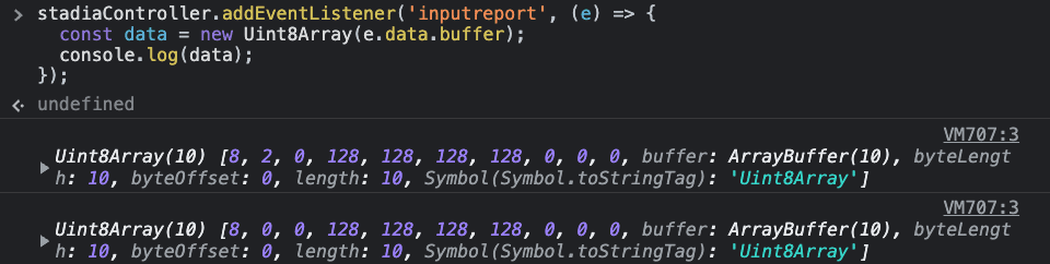 Die Chrome-Entwicklertools-Konsole mit der für jedes HIDInputReportEvent protokollierten Uint8Array-Objekte.