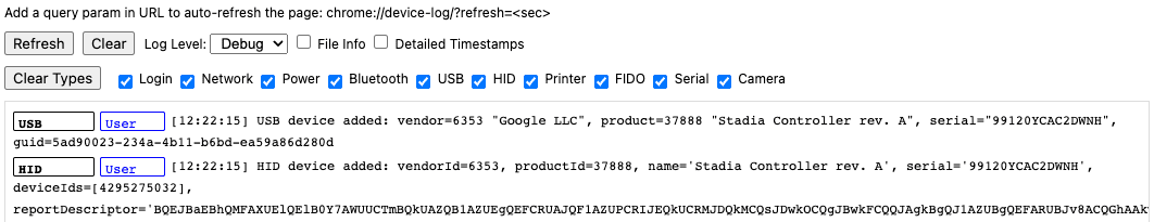 The chrome://device-log debug interface showing information about the plugged-in Stadia controller.