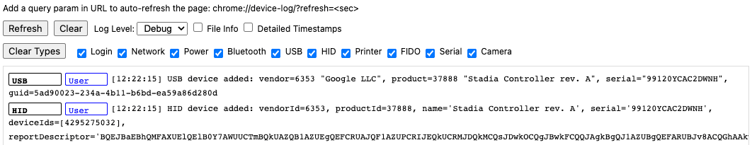 رابط اشکال‌زدایی chrome://device-log که اطلاعات مربوط به کنترلر Stadia را نشان می‌دهد.